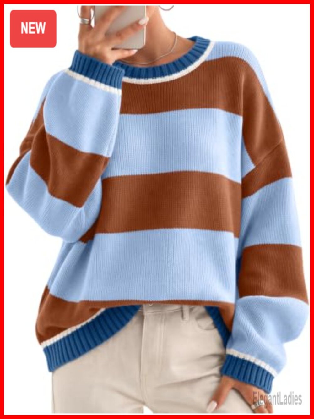 Oversized Striped Cotton Blend Crewneck Pullover Sweater